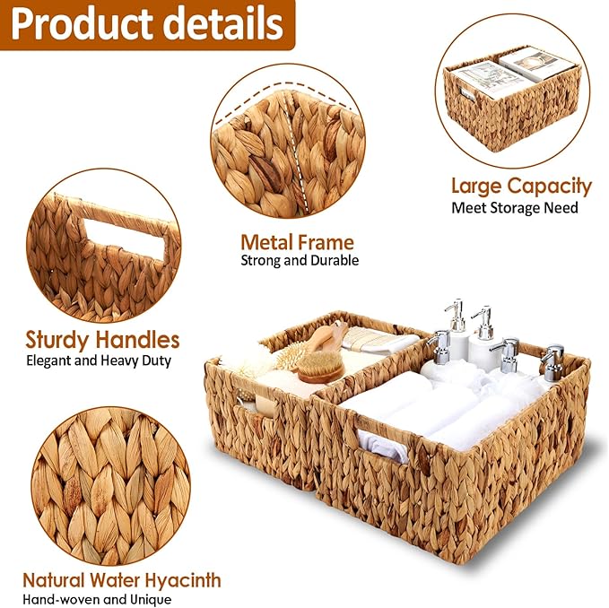 Wicker Baskets 2 Pack, Water Hyacinth Wicker Storage Basket with Handles, Large Rectangular Wickers Baskets for Organizing, Natural