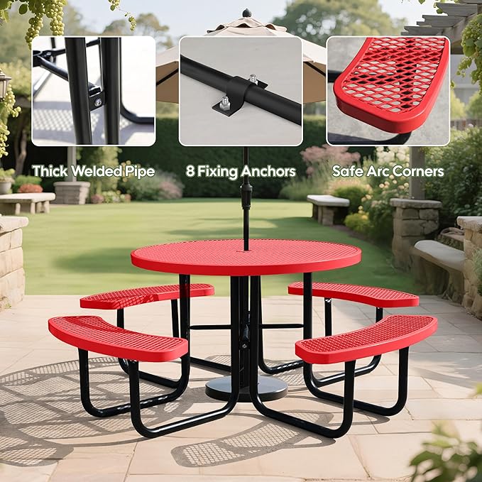 46'' Round Metal Picnic Table for Outdoors, Commercial Steel Metal Picnic Tables, Heavy Duty Sturdy Picnic Tables Furniture Set for Patio Garden Courtyard BBQ, with Umbrella Hole, Red