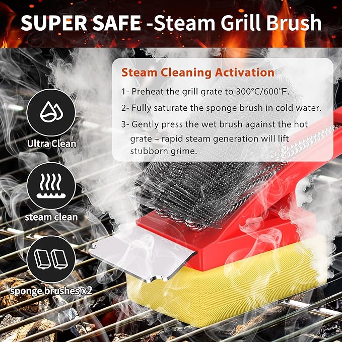 BBQ Grill Brush with Scraper-Removable BBQ Clearning Brush Head with Wire Bristles Brush & 2 Steam Brush-Red Grill Cleaner Brush Accessories for Gas/Charcoal Grilling Grates-Gifts for Grill Men