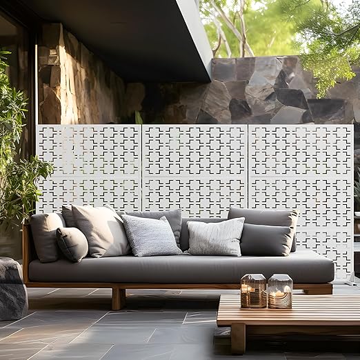 Casaphoria 72" H x 47" W Metal Outdoor Privacy Screen, Freestanding Decorative Divider for Patio, Deck, Balcony, and Garden with Stable Base, White Brick
