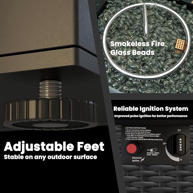 Propane Outdoor Fire Pit Table, 28" Rattan Square Fire Pit Table, Outdoor Gas FirePit W/Glass Wind Guard, Tempered Glass Tabletop, Lid, CSA Listed, 50,000 BTU, Outside Patio Deck & Garden, Black