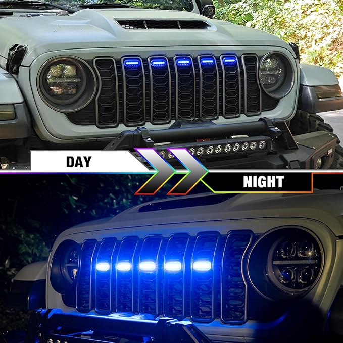 MAIKER RGB LED Grille Lights Compatible with 2024-2025 Jeep Wrangler JL JLU JT Original Factory Grille, 5PCS RGB Adjustable Atmosphere Exterior Grill Lights Remote APP Control