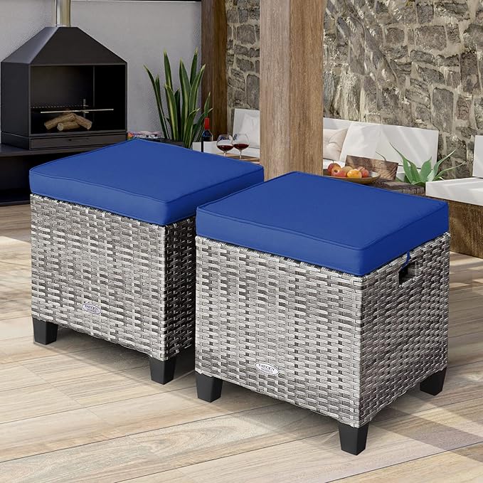 Tangkula 2 Pieces Patio Rattan Ottomans, Outdoor Wicker Footstool Footrest Seat with Soft Cushions and Steel Frame, All-Weather Patio Ottoman Set for Backyard Garden Poolside
