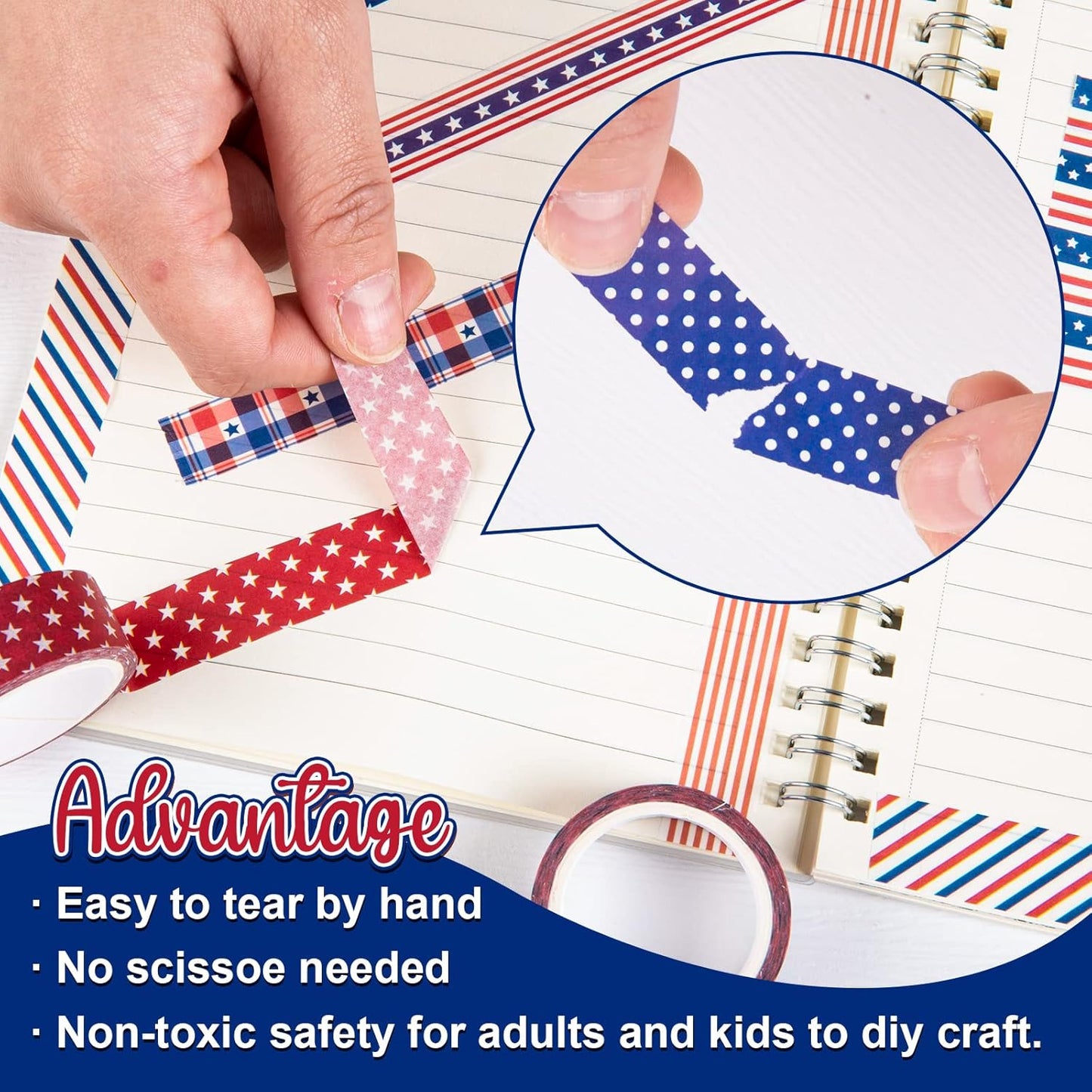 Whaline 12 Rolls 4th of July Washi Tape Patriotic Stars Stripes Washi Masking Tape Red Blue White Plaids Decorative Paper Stickers for Independence Day Scrapbook Gift Wrapping DIY Art Crafts