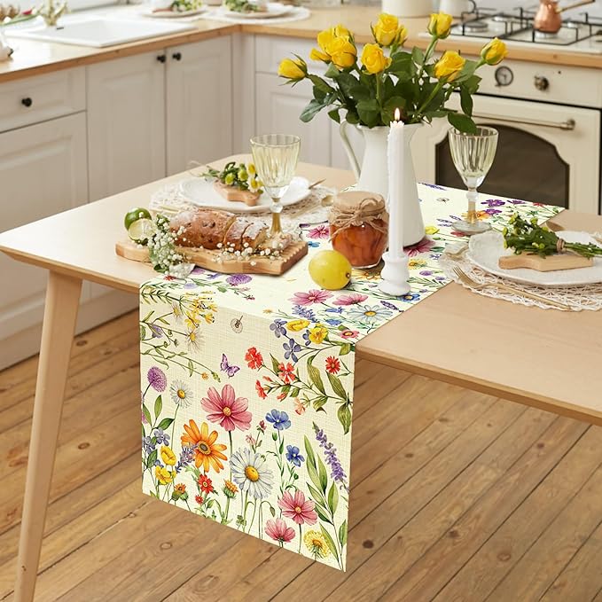 Daisy Tulip Lavender Floral Leaves Summer Table Runner, Spring Home Kitchen Dining Table Decorations Seasonal Holiday Party Decor 13×72 Inches (Colorful Flowers 1)