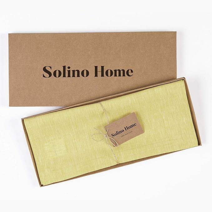 Solino Home Linen Short Table Runner 36 Inches - Athena, 100% Pure Linen Chambray Yellow Table Runner 14 x 36 Inch Ideal for Dresser and Coffee Tables, Spring, Easter