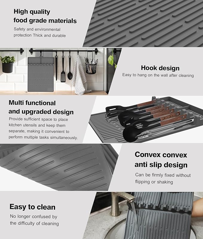 Silicone Griddle Tools Mat for Blackstone - Large Silicone Spatula Mat with Drip Pad - Griddle Mats BBQ Grill Accessories - Side Shelf Mats Grill Pad for Blackstone Griddles Accessories（Gray）