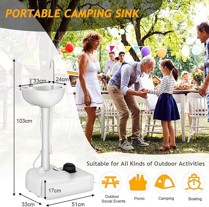 Portable Hand Washing Station, Camping Sink Wash Hand Basin with Wheels, Towel Holder & Soap Dispenser, for Outdoor Events, Gatherings, Garden, Worksite,Washbasin+24Lwatertank