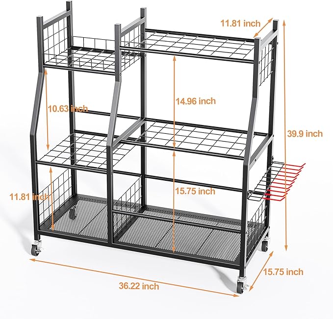 Garden Tool Organizer with Wheels for Garage, Freestanding Garage Tool Organizer, Yard Tool Holder, Garden Tool Cart for Long Handled Tools,Rakes, Brooms, Yard Storage Rack for Shed, Indoor, Outdoor