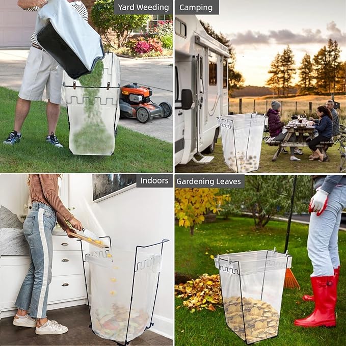 Trash Bag Holder Stand 45 Gallon Outdoor Leaf Bag Stand with 25 Pcs 40 Gallon Trash Bags Metal Garbage Bag Frame Holder for Leaves Camping Yard Garden Weeding Lawn Party