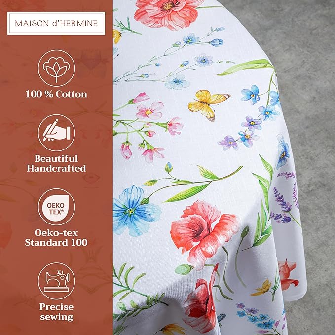 Maison d' Hermine Table Cloth Round Table 100% Cotton 69 Inches Tablecloth Reusable Decorative Everyday Use for Dining Room, Farmhouse, Home, Party, Festive & Wedding Spring Summer - Just Floral