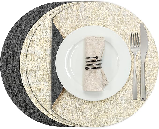 Myir JUN Round Placemats, Dual Sided Faux Leather Place Mats Set of 6 Indoor/Outdoor Non-Slip Washable Table Mats (Gray Cream-White, Set of 6)