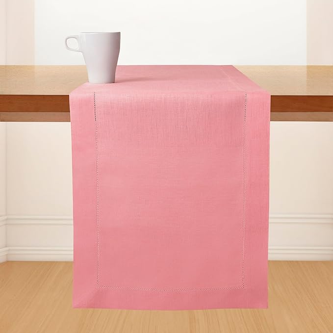 D'Moksha Homes Linen Dusty Pink Table Runner 60 Inches - Classic Hemstitch, 100% Pure Linen Coffee Table Runner 14 x 60 Inch Ideal for Dresser Tables, Valentines, Spring, Easter
