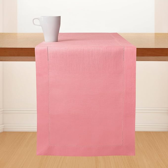 D'Moksha Homes Linen Dusty Pink Table Runner 108 Inches Long - 100% Pure Linen 14 x 108 Inch Table Runner for Valentines, Spring, Easter - Classic Hemstitch
