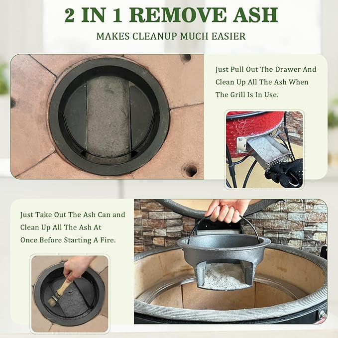 KAMaster 2 in 1 Cast Iron Ash Can Fit Kamado Grill Classic Joe,With Stainless Steel Slid Out Ash Drawer Remove Ash Easier,Ash Can With Foldable Handle Can Use With Fire Grate Or Charcoal Fire Basket