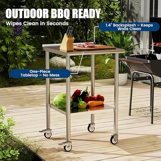 Stainless Steel Work Table with Wheels, 24x24 Inch NSF Food Prep Worktable with Backsplash & Adjustable Undershelf for Commercial Kitchen, Restaurant, Garage, Outdoor BBQ