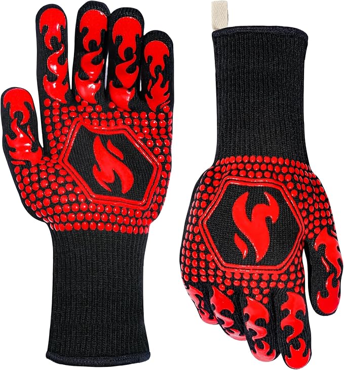 QUWIN BBQ Gloves, Oven Gloves 1472℉ Extreme Heat Resistant, Grilling Gloves Silicone Non-Slip Oven Mitts, Kitchen Gloves for BBQ, Grilling, Cooking, Baking-1 Pair… (One Size(Long Cuff), Red)
