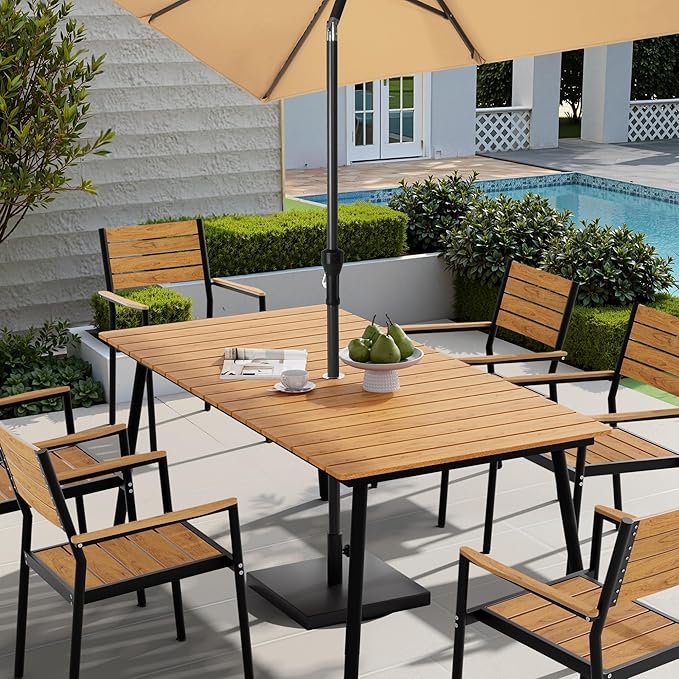 70" Patio Outdoor Dining Table for 4-6, Weather-Resistant Wood-Grain Top with Aluminum Frame & Umbrella Hole for Deck Gatherings, Brown