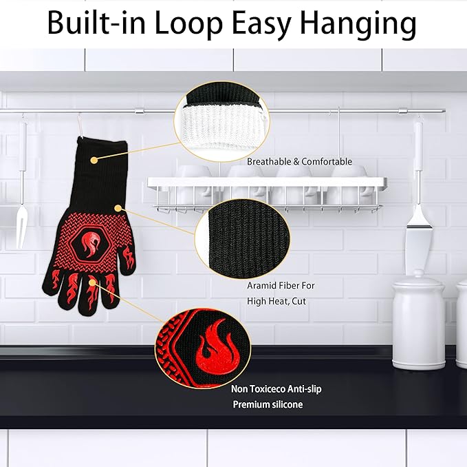 BBQ Fireproof Gloves, Grill Cut-Resistant 1472°F Heat Resistant Gloves, Non-Slip Silicone Oven Gloves, Kitchen Safe Cooking Gloves for Oven Mitts,Barbecue,Cooking, Frying,13.8 Inch-Red