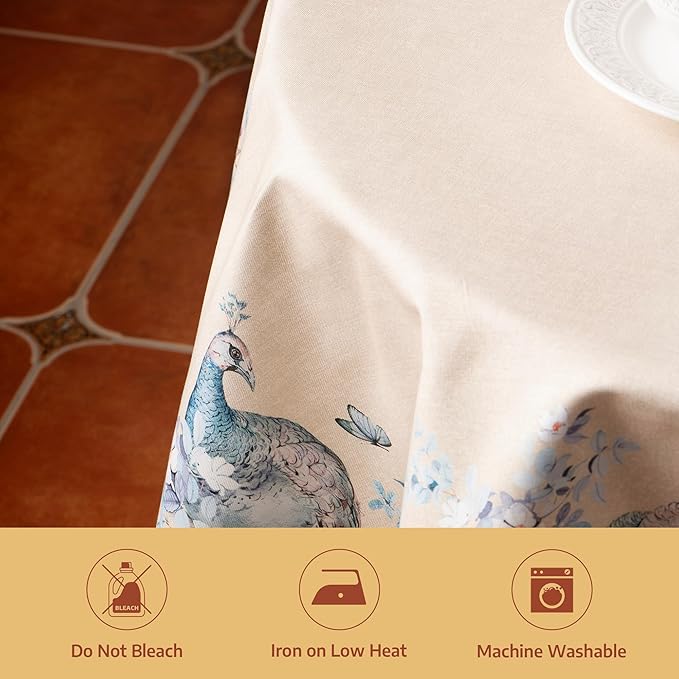 Maison d' Hermine Premium Table Cloth Round Table 100% Combed Cotton 70" Diameter Inches Tablecloth Reusable Decorative for Dining Room, Home, Party, Festive & Wedding - Peacock Utopia - Sandy Beach