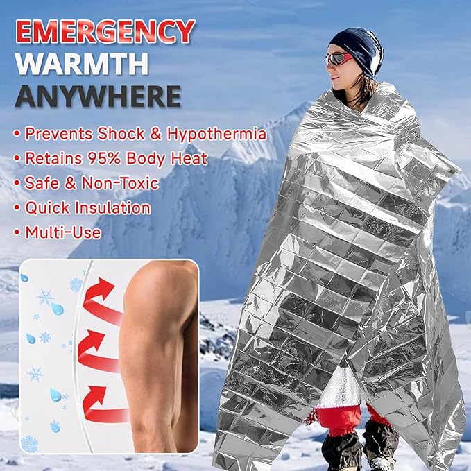 SecuCaptain Survival Emergency Thermal Blankets: Extra Large 84” x63” Space Mylar Blanket Kit for Outdoor Cold Winter Camping Hiking Car Bug Out Bag or First Aid - 10 Pack
