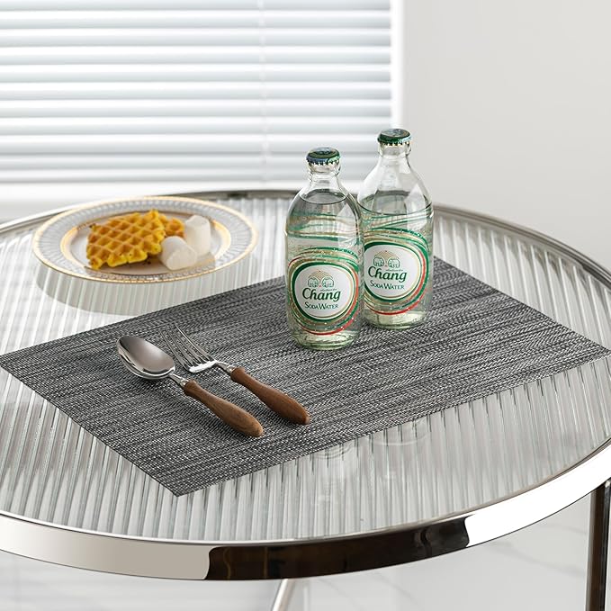 LEXMORE Placemat Set of 4 Vinyl/Plastic Woven Place Mats for Kitchen Table Indoor/Outdoor Washable Placemat Wipeable Dining Table Mats(Dark Gray)