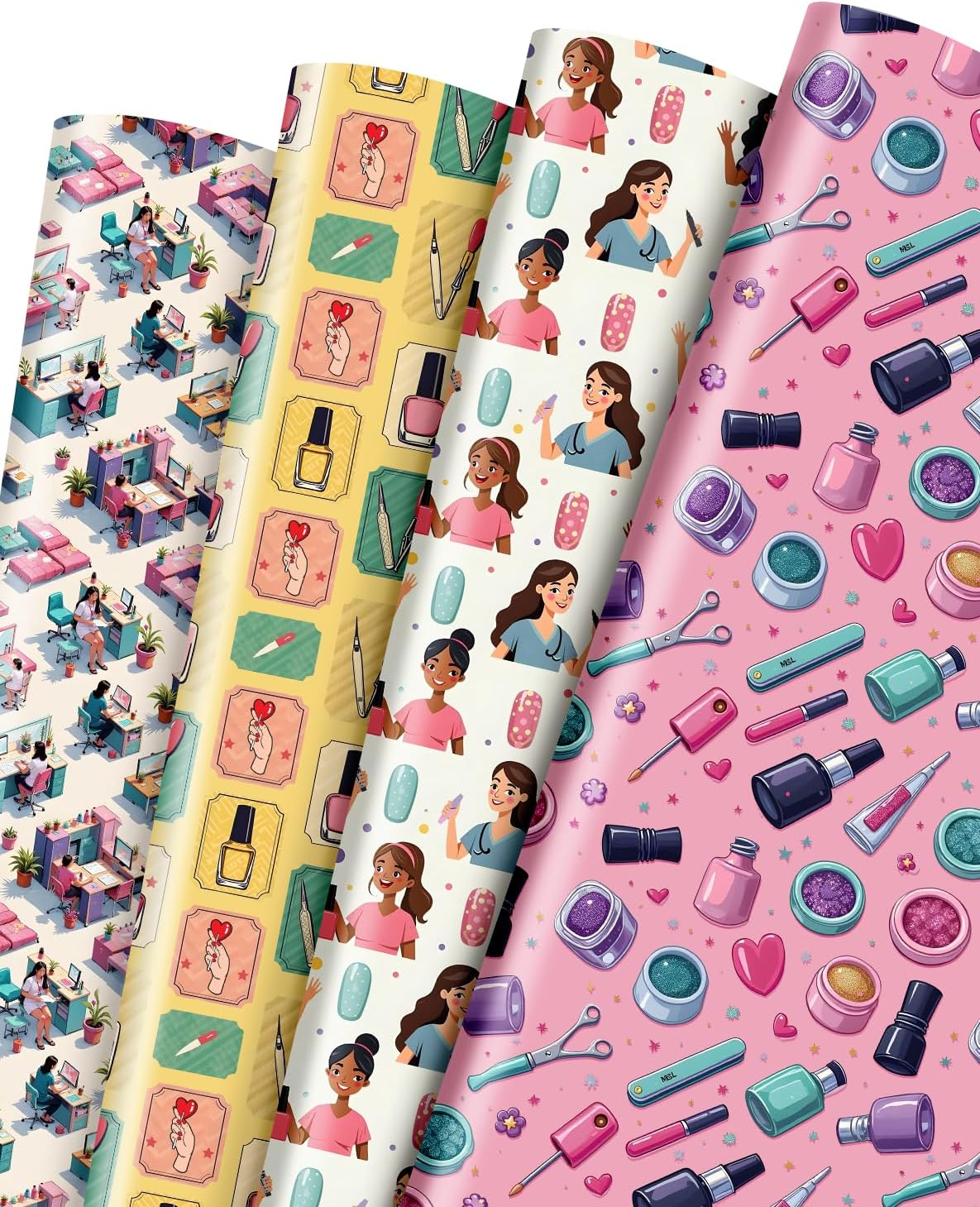 Pineraap 12 Sheets Nail Art Wrapping Paper, Manicure Gift Wrap Paper with Nails Polish Bottles & Salon Scenes, Folded Flat Paper for Nail Art Lovers Birthday DIY Crafts, 19.7 x 27.6 Inch