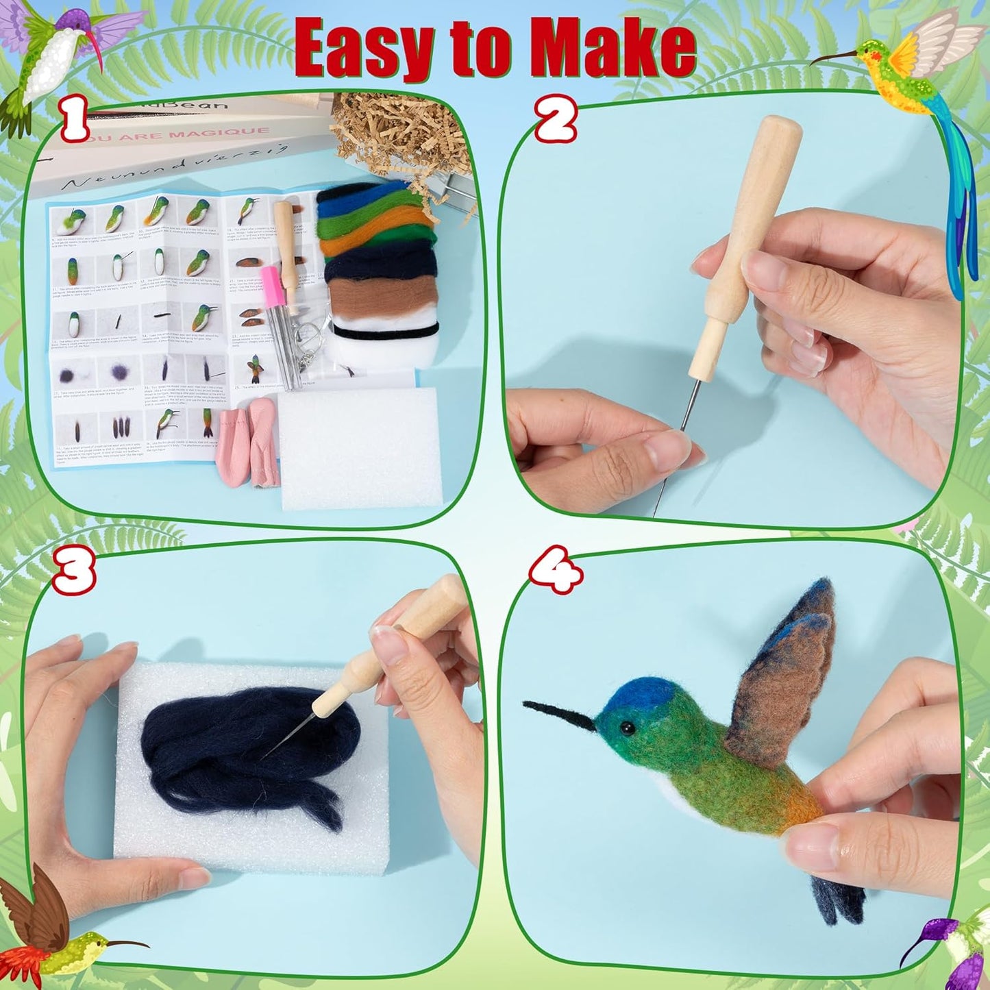 WATINC Needle Felting Kit - 3 Set Unique Different Cute Doll Wool Felt Needle Tools Foam Pad Instruction, DIY Home Decoration Craft Party Supplies for Art Work Starter Beginners (Hummingbird)