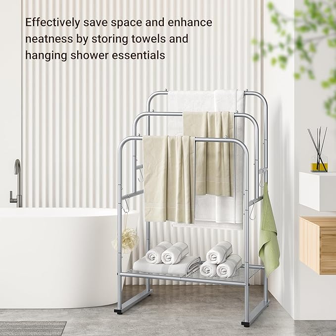 ELYKEN 40'' Tall Standing Towel Racks, 3 Tier Towel Drying Rack Outdoor, Pool Towel Stand Blanket Holder with Shelf & 4 Removable Hooks, Metal Freestanding Towel Racks for Bathroom, Smooth Silver
