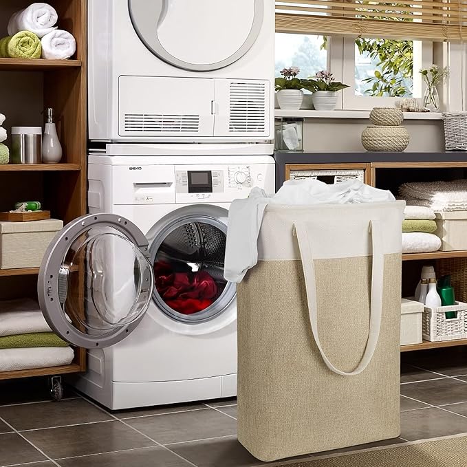 Laundry Hampers 15.2Lx7.5Wx23H Small&Tall Slim Fabric Laundry Baskets Thin Narrow Beige+Khaki Compact Hamper Capacity 43L for Space-Saving,QY-SC24-2