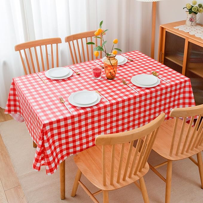 Nasitos 2 Pack Plastic Table Cloth 60x120 Inch-Red and White Rectangle Tablecloth Checkered, Washable Wipeable Plaid Vinyl Tablecloth with Flannel Backing for Picnic Party, Camping, Dinner