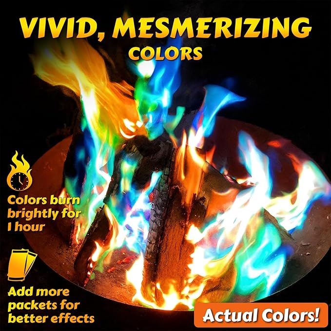 HGD (50 Pack) Fire Color Changing Packets for Fire Pit, Indoor/Outdoor Fireplace, Campfires, Bonfires - Mystical Rainbow Magic Flames, Camping Accessories for Family Entertainment