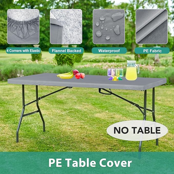 LUSHVIDA 6 Packs Vinyl Tablecloths with Flannel Backing for 8ft Rectangle Folding Table Cloths - Waterproof Plastic Picnic Table Covers with Elastic Corners, 30x96 inch, Light Gray
