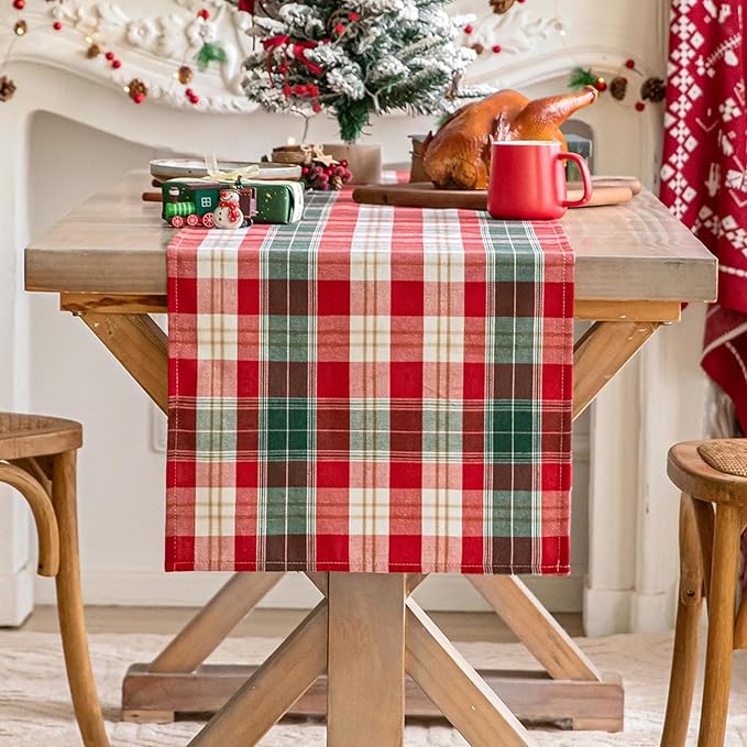 Red Gold Plaid Christmas Table Runner, Winter Holiday Table Runners 90 inches Long, Xmas Decorations Indoor Outdoor Farmhouse Home Kitchen Dining Party Decor
