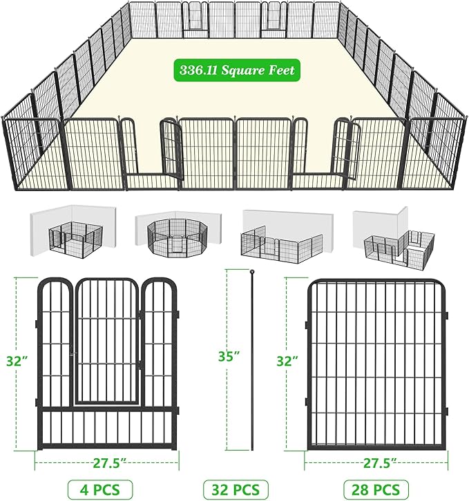Garden Fence with Gate Metal Fencing Outdoor for Yard, 32in x73ft 32 Panels Outdoor Dog Fence Temporary Fence for Dogs Outside, Rustproof Garden Fencing Flower Bed Edging for Patio