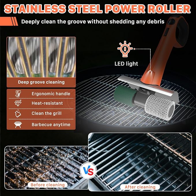Hillyfe Grill Brush for Outdoor，Cordless Rechargeable Grill Brush with 3 Brush Heads, Grill Electric Cleaning Brushes Without Bristles, LED Light, Grill Scraper, Grilling Gifts for Men,Orange