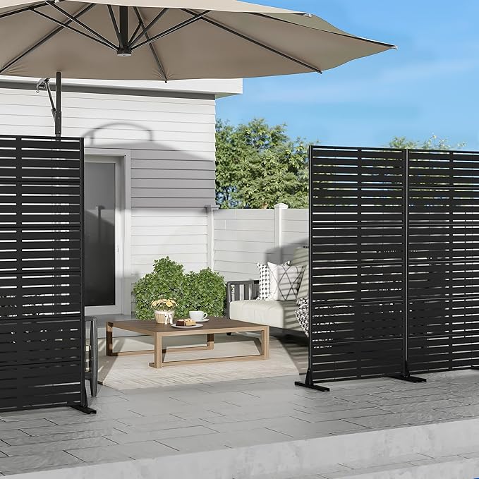 Casaphoria Metal Privacy Screen Outdoor, 72" H x 35" W Freestanding Decorative Privacy Screen for Patio Deck Balcony Garden with Stable Base, Black-Louvered