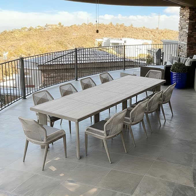 PURPLE LEAF 11 Pieces Patio Dining Set Aluminum Oversize Rectangular Table and Wicker Chairs with Cushions for Kitchen Porch Garden Modern Outdoor Furniture Sets, Light Grey