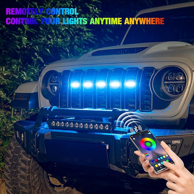 MAIKER RGB LED Grille Lights Compatible with 2024-2025 Jeep Wrangler JL JLU JT Original Factory Grille, 5PCS RGB Adjustable Atmosphere Exterior Grill Lights Remote APP Control