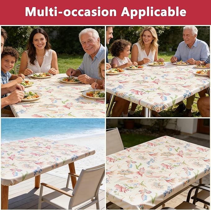 Rectangle Picnic Table Cloth, Elastic Waterproof Fitted Vinyl Tablecloths for 4 Foot Tables, Wipeable Flannel Backed Table Covers for Dining, Camping, Outdoor(Songbird,24"x48")
