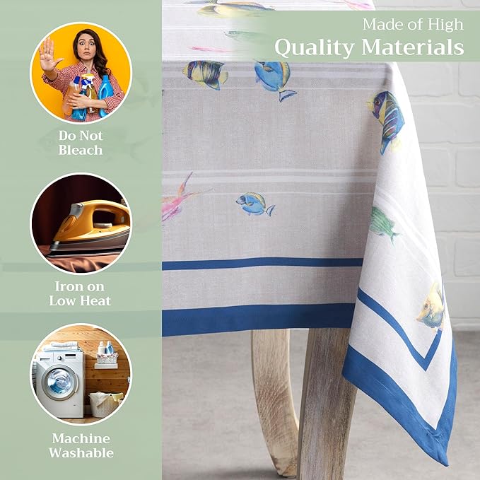 Maison d' Hermine Table Cloth Rectangle Table 100% Cotton 60 x 90 Inches Tablecloth Reusable Decorative Everyday Use for Dining Room, Farmhouse, Home, Party, Festive & Wedding Spring Summer - Poisson