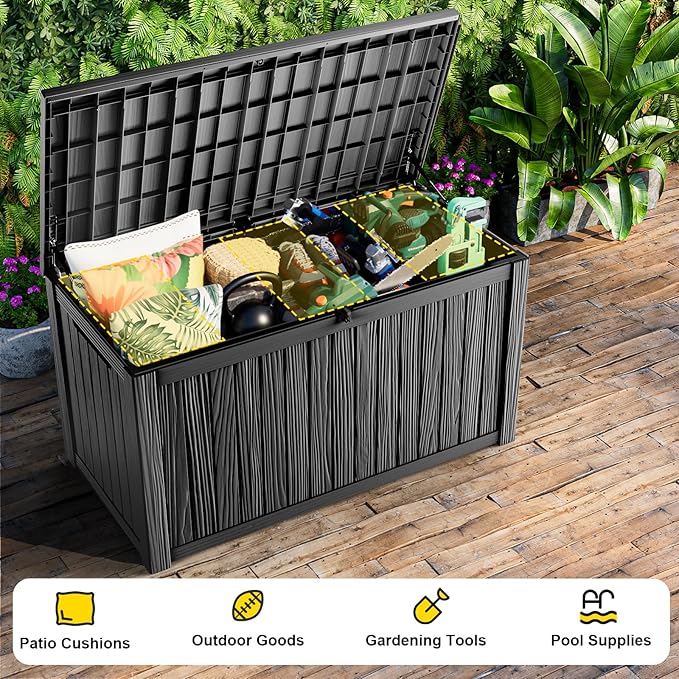 200 Gallon Waterproof Outdoor Storage Box, UV Resistant Resin Deck Box with Hydraulic Rod for Reinforced Stability, Perfect for Patio, Garden, and Pool（Black，200 Gallon）