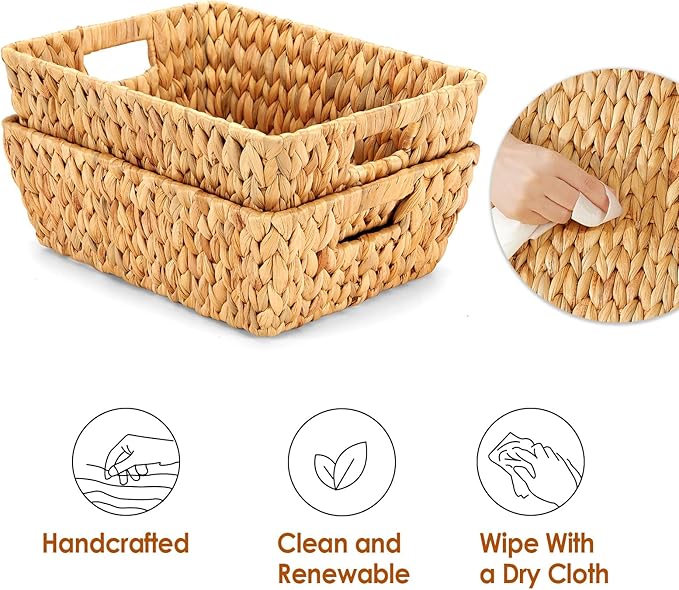 Wicker Baskets 2 Pack, Water Hyacinth Wicker Storage Basket with Handles for Organizing, Handmade Large Baskets, Natural