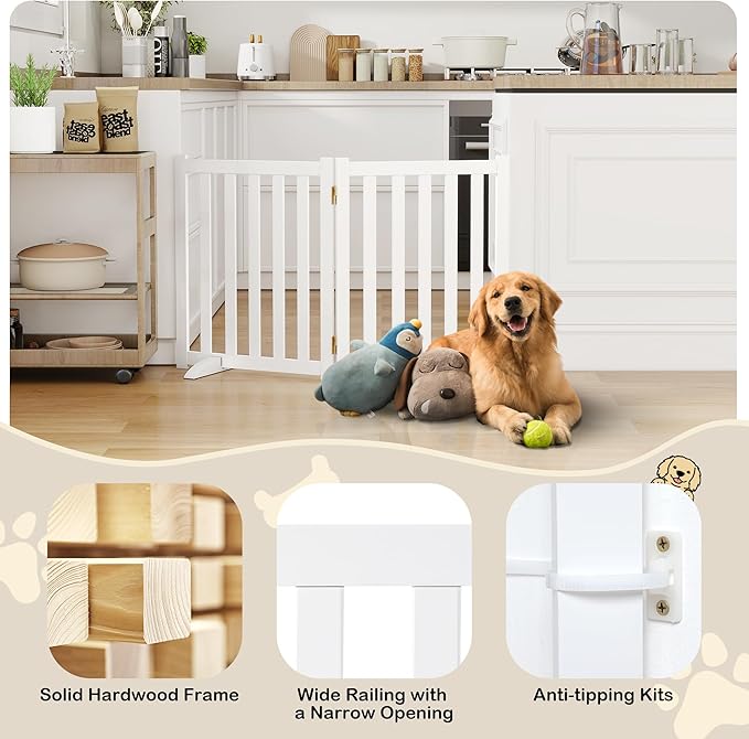 24" Height Tall Freestanding Pet Gate, Solid Wood Folding Safety Fence Wooden Dog Gate with 2 PCs Support Feet Ideal for Stairs, Doorways, Halls, Kitchens, Heavy Duty Gates, 2 Panels, White