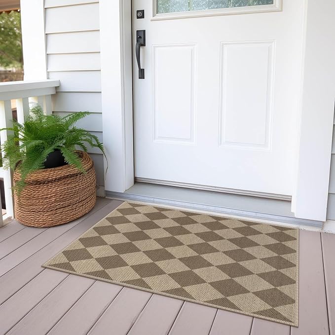 Easy Jute Checkered Entryway Rug, 2x3 Brown Modern Indoor Outdoor Doormat, Washable Non-Slip Neutral Small Kitchen Rug Farmhouse Diamond Throw Rugs for Entrance Bedroom Bathroom
