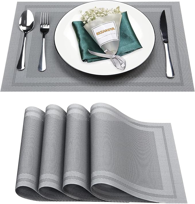Placemats Set of 4,Washable,Heat and Stain Resistant Indoor/Outdoor Place mats,Vinyl Woven Non Slip Table Mats for Restaurant Table Protection,PVC Placemats(Gray,4PCS)