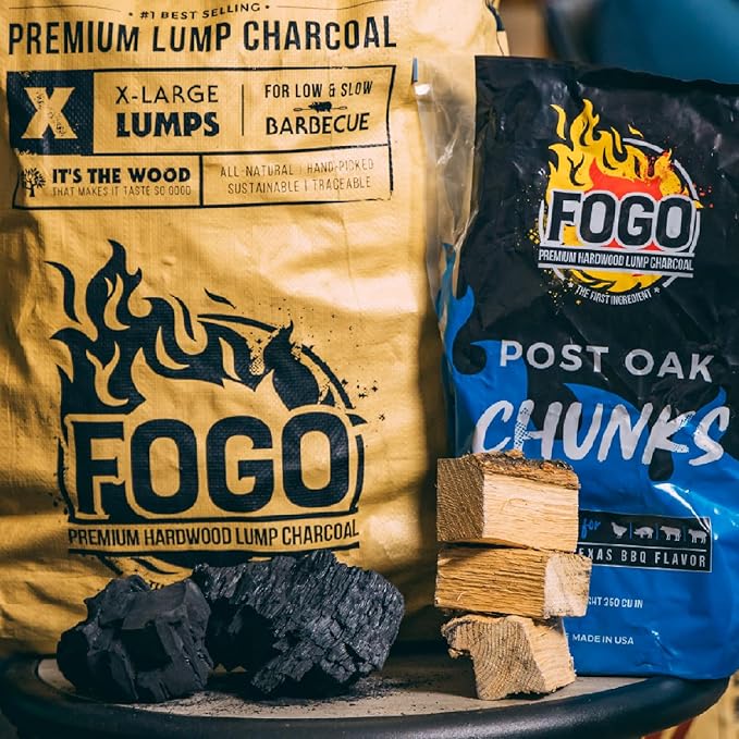 FOGO Premium Lump Charcoal 17.6 Pound Bag, Extra Large Sized Lump Charcoal for Low and Slow Barbecue, and Post Oak Wood Chunks 3.85 lb Bag