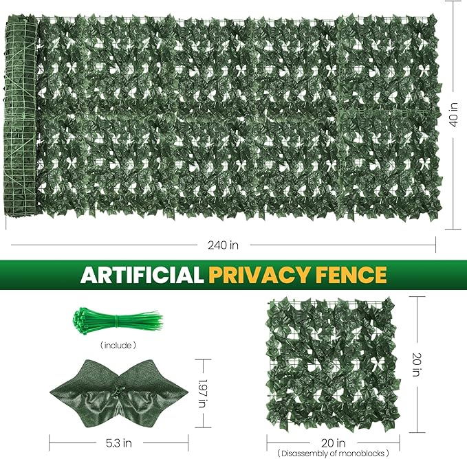 Artificial Ivy Privacy Fence Screen,240X40 in Privacy Fence Panels Balcony Privacy Screen Faux Ivy Hedge Vine Leaf Greenery Backdrop Privacy Screen Outdoor for Patio,Balcony, Garden, Backyard
