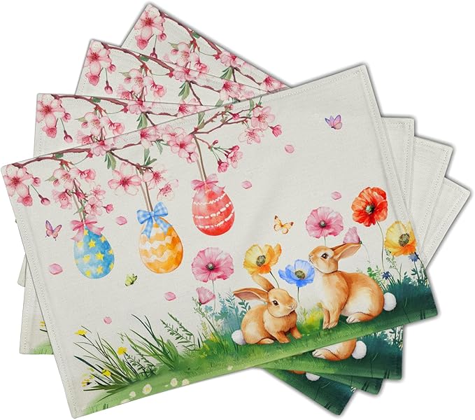 Giwawa Easter Placemats Set of 4 Spring Bunny Rabbits Flowers Place Mat 12x18 Inch Colorful Eggs Tree Floral Table Mats Washable Satin Resistance for Party Kitchen Dining Holiday Decor
