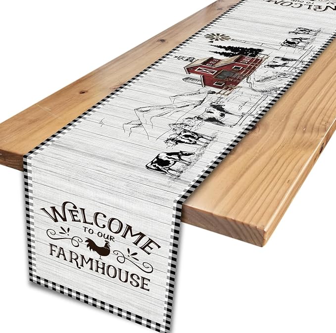 Farmhouse Rooster Table Runner, Rustic Farm Animals Cow Pig Chicken Coffee Table Center Decor for Home Kitchen Dining Patio Holiday Party Indoor Outdoor Table Decorations, 13"x36" Inch